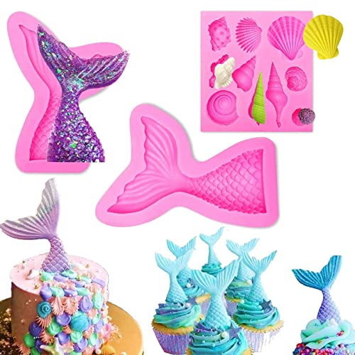 3D Ozean Tier Silikon Fondant Formen,Mermaid Silikonform,Meerjungfrau und Seashell Fondant Silikonform,Kuchen Dekorieren Schokoladenform für Fondant Backen Schokolade Marzipan Kuchen Muffin(3 Stück)