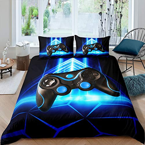 Gamer Duvet Cover Set Boys Teens Video Game Gaming Bedding Set Geometric Triangle Comforter Cover Kids Console Gamepad Anime Quilt Cover Bedroom Collection 3Pcs Double Size,Blue