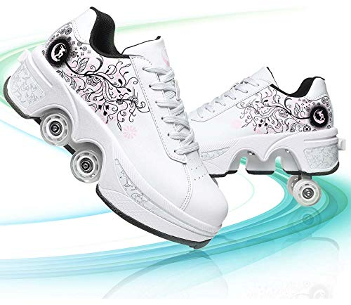 Pinkskattings@ Damen Und Mädchen Rollschuhe Skateboard Schuhe Kinderschuhe Mit Rollen Skate Shoes Rollen Schuhe Sportschuhe Laufschuhe Sneakers Mit Rollen Kinder (Weiß