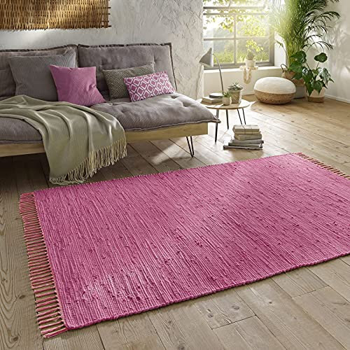 Taracarpet Handwebteppich Läufer Fleckerl Teppich Uni waschbar aus Baumwolle für Wohnzimmer und Küchenteppich 160x230 cm rosa