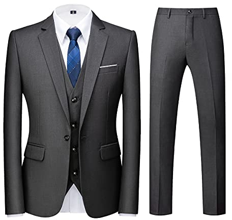 KUDORO Costume Homme 3 pièces Slim Fit Smoking Simple Poitrine à Un Bouton, Men Suits 3 Piece pour Mariage Business Fête Confort Elégant Blazer Veste et Pantalon Gilet(Gris Foncé,XL)