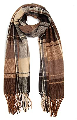 Miss Lulu Schal für Herren, kariert, Winter, warm, weich, Wolle, Schals mit Quaste, großes Schottenkaro, braun, L