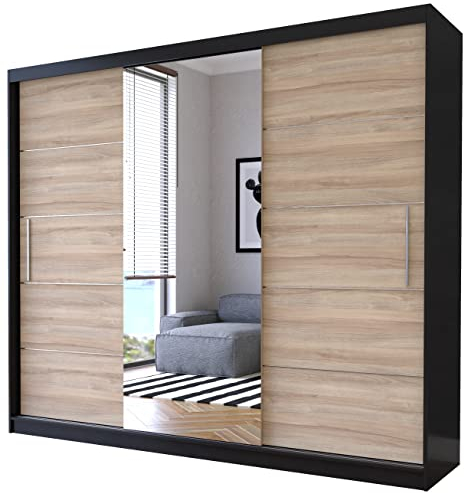 Fabryka Mebli Idźczak Kleiderschrank mit Spiegel, Schiebetüren - Schwebetürenschrank, Schlafzimmerschrank - 61 x 233 x 218 cm - Schrank für Schlafzimmer, Ankleidezimmer, Garderobe - Grau, Sonoma