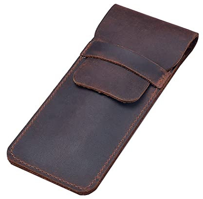 Borsgye Pens Pouch Leather Pen Protective Sleeve Cover Crazy Horse Leather Handmade Fountain Multi Pen Case Holder – Dark Brown Large