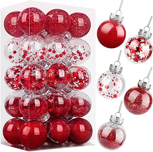Christmas Baubles Red for Christmas Tree Decorations 6cm 30pcs, Christmas Balls Shatterproof Clear Xmas Baubles with Strings, Xmas Tree Decorations Christmas Ornaments Hanging Christmas Decorations