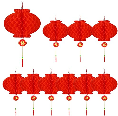 Linternas Chinas,Linterna Roja Decoración,Linternas Chinas Rojas,Rojo Chino Linternas Decoraciones,10PC Lámparas De Papel Rojo para Decoración De Festival De Primavera Chino Boda Fiesta