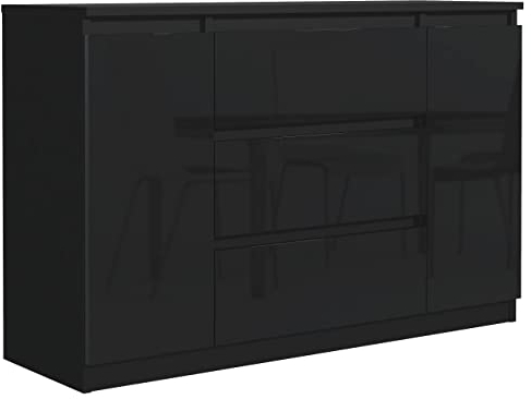 meble masztalerz Kommode Schwarz Hochglanz mit 3 Schubladen und 2 Türen 120 cm, Sideboard Wohnzimmer, Schlafzimmer H: 78,2 cm, B: 120,4 cm, T: 39 cm Kommode mit Schubladen, Schubladenschrank