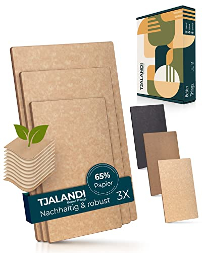 TJALANDI 3x Schneidebrett Set Holz & Papierfaser I Schneidebrett Spülmaschinenfest Set – Hackbrett, Servierbrett, Frühstücksbrettchen I Vegan, 100% Recycelt - Holzbrett neu gedacht (beige)