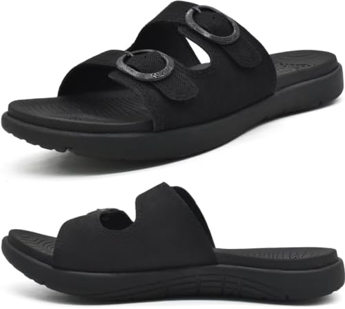 COFACE Sandalen Damen Orthopädische Comfortfüße Plantarfasziitis Arch Support Orthotic Slides Sandalen Sommer badelatschen Leicht Outdoorsandale Verstellbare Riemen Yoga fussbett,RSchwarz Größe 37