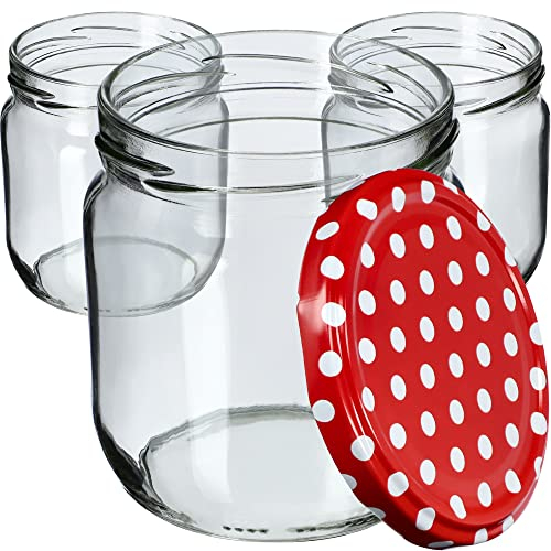 KADAX 6st Einmachgläser 425ml mit Schraubdeckel fi82 mm für Einlegen, Einmachen, Konservieren und Mahlzeitenvorbereitung - Luftdichte Twist-off Gläser (Rot gepunktet/6 St.)