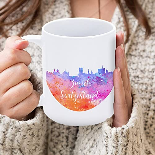 Yelolyio Keramik-Kaffeetasse, Motiv: Schweiz, Zürich, Regenbogen-Skyline, weiße Tasse, bunte Städte, Landschaft, Kaffeetasse, Mockup, weiße Tasse, Geschenk für Freunde, ihren Sohn und ihre Tochter,