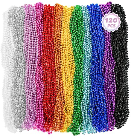 Huskein Bead Necklace, 120PCS Mardi Gras Beads, 33 Colorful Mardi Gras Beads Necklaces, Women Men Party Costume Accessories Parade Throws Bulk Party Favors for Christmas Pirate Carnival