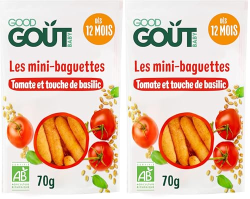 GOOD GOÛT - Mini-Baguettes Tomate Et Basilic - Biscuits Type Gressins Pour Bébé - Dès 12 Mois - Sachet Refermable - 70g (Lot de 2)