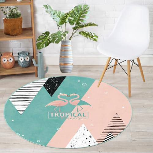 Teppich Pink Green Flamingo Outdoor Teppich Soft Teppich Rund Non-Slip Badezimmerteppich Waschbar Teppich Wohnzimmer Schlafzimmer Children's Room Teppiche Runder Teppich 120cm