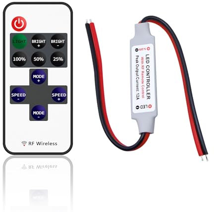 Cube-LED 11Key Led Strip Lights Controller 5-24V Mini In-line Dimmer Switch RF Wireless Remote Control for Single Color Strip Lights (5-24V 11Key RF [RD&BK])