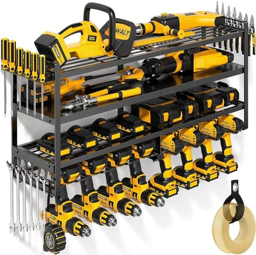 POKIPO Large Power Tool Organizer Wall Mount, Heavy Duty Widen Drill Holder, 4 Layers Cordless Tool Storage Rack, Utility Racks Shelf for Garage