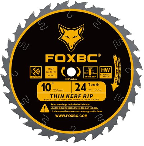 FOXBC 10-Inch Table Saw Blade, 24-Tooth, Wood Cutting, 5/8-Inch Arbor