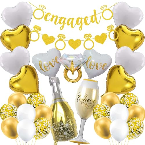 Engagement Party Decorations Gold Balloons - 30 Pcs Glitter Engaged Banner | Diamond Ring Heart Champagne Gold Confetti Balloons for Bachelorette Bridal Shower Wedding Party Supplies