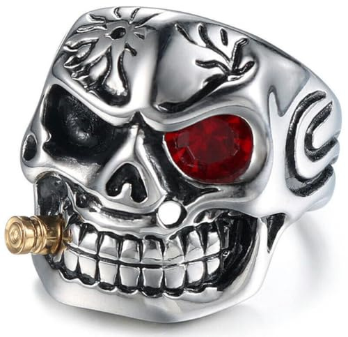 Herren Vintage Edelstahl Gothic Skull Smoking Bullet Biker Ring