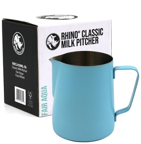 Rhino Classic Milk Pitcher 450ml/15oz (Fair Aqua) - Stainless Steel | Use with Your Coffee Machine or Frother for a Latte or Flat White