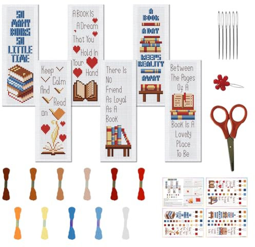 FREEBLOSS 6 Set Kreuzstich Lesezeichen Set, Bücher, Muster Gestempelt, Kreuzstich Sets Für Anfänger, DIY Stickerei Lesezeichen, Stickerei Lesezeichen, Stickset Für Erwachsene, Geschenk, 6x20 cm