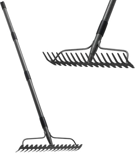 Bow Rakes for Lawns, 17 Prongs 17 Wide Heavy Duty Metal Garden Rake Long Handle 50, Adjustable Rock Yard Thatch Rake for Leaves Gardening Loosening Soil Mulch Gathering Leaf