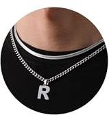 Kette Herren Kette mit Buchstaben A-Z Silber Gold Schwarz Buchstaben Kette Edelstahl Anhänger Halsketten Doppelkette Necklace Men 18+20 Inches Abschluss Geburtstage Geschenke für Männer (Silber R)