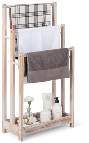 LIFEZEAL Handtuchständer Stehend, Duschtuchhalter Handtuchhalter aus Holz, Badetuchhalter Freistehend mit 3 Handtuchstangen & Ablage, Standhandtuchhalter 3-armig für Bad, Weiß