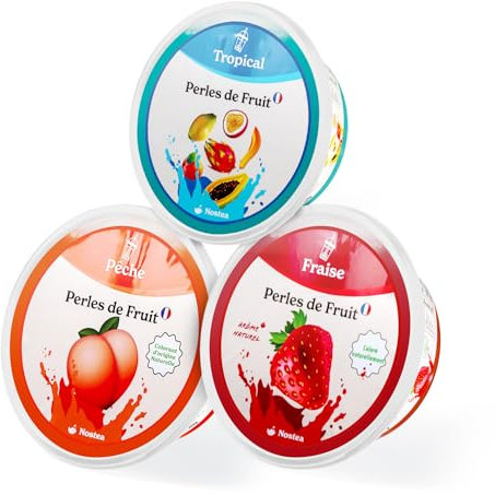 Nostea - Lot de 3 Pots, Perles Bubble Tea Tropical, Pêche, Fraise - Popping Boba, Sans Gluten - Perles au Jus de Fruit pour pour Thé, Boissons - Fabrication Française - 3x 450 gr