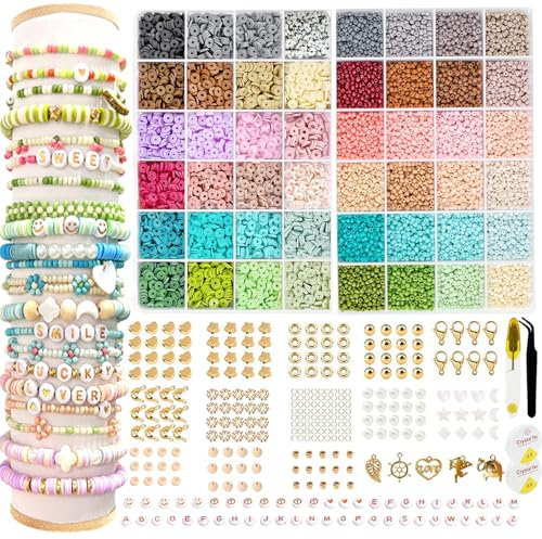 Konoz 14000+ Perlen für Armband, 48 flache Farben für Armband, 6 mm Heishi Perlen und 3 mm Rocailles, Set mit Buchstaben, Schmuckset, Kreation für Erwachsene und Kinder