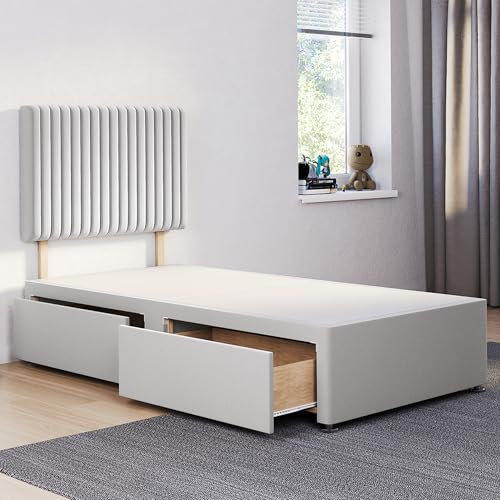 ComfoRest - Sophisticated 3FT Single Divan Bed with 2 Drawers & 24 Malia Headboard | Versatile Frame with Storage and a Sturdy Base for Modern Homes (Silver Plush)