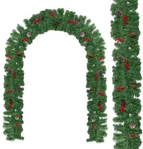 XIAQICA 9 FT Ghirlande Natale Pigne Artificiali Natalizi Bacche Ghirlanda in Rattan Artificiale Natale per Scale Camino Sospese Camino Ghirlanda di Decorazioni Natalizie