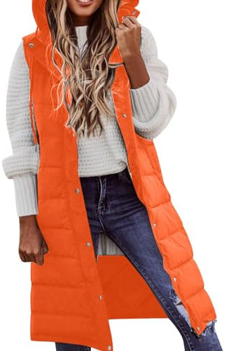 Manteau d'hiver Femme, Gilet avec Capuche, Manteau Chaud sans Manches avec Poches, Gilet matelassé, Doudoune, Veste d'extérieur matelassée Veste Jott Femme Blanche Veste A Capuche Femme (Orange, S)