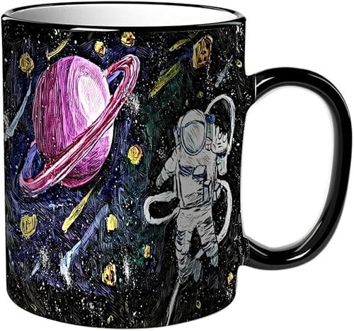 KDWJS Tasse Keramik Kaffeetassen Große 11oz Tassen 330ml Trinkgläser Mit Griff Personalisierte Geschenk Weiß,Astronaut im Weltraum und auf dem Planeten