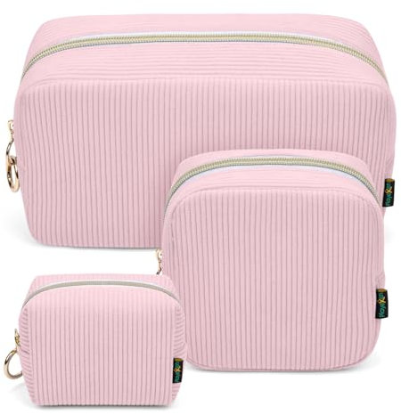 Trousse Maquillage Grande Capacité Set de 3 Trousse de Toilette Femme Fille Voyage en Velour épais Sac de Organiseur Cosmétiques Portable Rangement Kit Voyage Produit Toilette Maquillage, Rose