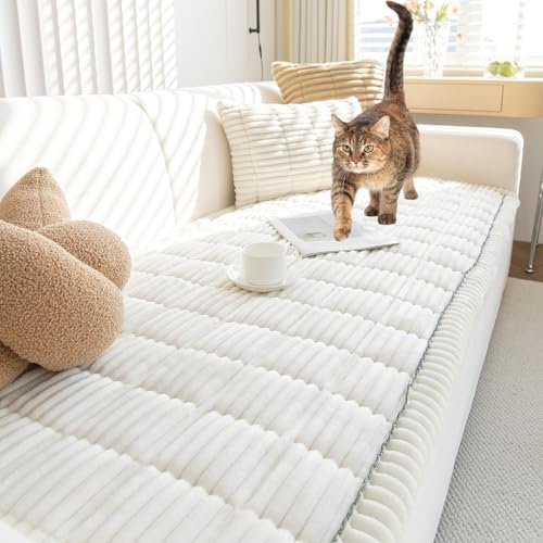 TOPCHANCES Sofa Überzug,2024 Neue Verdickter Cordstoff Universelle rutschfeste Sofabezug 2/3/4 Sitzer Für L Form Eckcouch Waschbar Sofabezug Hund Katze Kratzschut(Cord Cremeweiß,70×90cm 1Stück)
