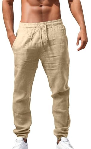 Pantalons Homme Été Lin Coton Chino Leger Respirant Poches Taille Élastique Décontracté Offre de Printemps Pantalon Lin Hommes Été Chic Coupe Ample Pantalons de Vacances Plage Vêtement Pas Cher