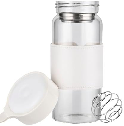 TELAIN Small Glass Jug shaker protein shake, 16 oz BPA-free, odour-free shaker bottle with 304 stainless steel mixing ball and detachable cleaning brush for fitness & protein shakes (White-1 Pack)