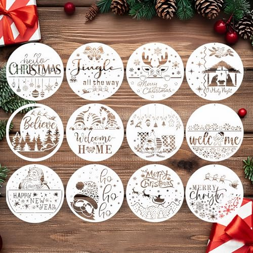 12 Stück Weihnachts Malschablonen Rund 30 cm Fenster Schablonen Weihnachten Schneespray Schablonen Wiederverwendbar für DIY Holzschilder und Weihnachtsmotive