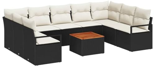 vidaXL 10-teiliges Garten-Sofa-Set mit Kissen in Schwarz und Creme aus Poly Rattan für die Terrasse - Modulares Möbel für den Garten, ideal für Essbereiche und Partys.