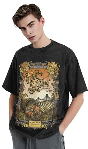 Unisex Neil Rock Band Young T-Shirt Vintage Stonewashed Denim Kurzarmshirt Casual Drop-Shoulder Short-Sleeve Top Schwarz M