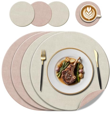 KERYCHIN Round Leather Placemats(38cm) and Coasters (10cm) Set of 4, Heat-Resistant 212°F, Dual-Sided Non Slip Wipeable Place Mats for Hotel, Home, Kitchen, Outdoor Glass Dining Table, (Pink/Cream)