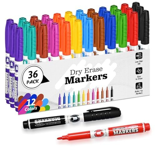 SUQJOY Whiteboard Pens 36 Pack, Medium Fine Bullet Tip Dry Wipe Pens, Low Odour Dry Erase White Board Markers with Clip, Assorted Colours