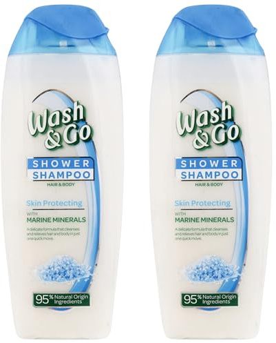 Wash and Go 2-in-1 Shower Gel and Shampoo (Hair & Body Wash) – 2 x 250ml, Vegan, 95% Natural, Marine Minerals, Gentle Formula
