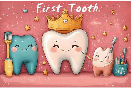 YongFoto My First Tooth Backdrop 5x3ft Cute Cartoon Crown Teeth Toothbrush Photography Background 1st Birthday Baby Party Banner Cake Table Decor Christening Infant Photoshoot Wallpaper Photo Booth