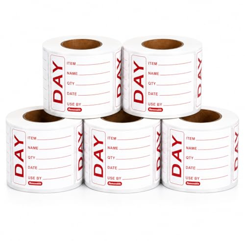 Removable Food Day Labels 49x74mm, Removable Food Storage Labels for Kitchen & Restaurant, Date and Item Name Stickers, Food Container Labels,HACCP Day Labels Stickers,(5 Rolls/2500 Labels)