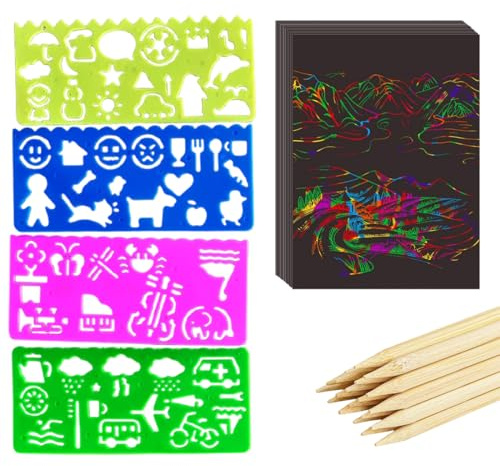 KAHZOR 50 Stück Kratzbilder Für Kinder Ab 4-12 Mit 5 Holzstifte 4 Malschablonen, 12.5 X 18Cm Regenbogen Kratzpapier Diy Bastelset, Kratzbilder Für Kinder Ab 4 Jahre, Scratch Painting Regenbogen