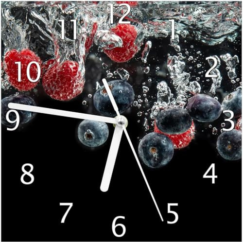 Wallario Design-Wanduhr Waldfrüchte im Wasser aus Glas, Motiv-Uhr Größe 20 x 20 cm, weiße Zeiger