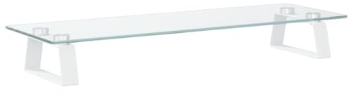 Mhdvray Supporto per monitor bianco, 60 x 20 x 8 cm, in vetro temperato e metallo, rialzo ergonomico per la scrivania, supporto per monitor con vano portaoggetti, spessore vetro 5 mm