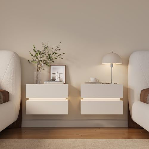 Homary Nachttisch 2er Set hängend, schwebende Nachttische mit je 2 Schubladen, wandmontierte Nachtkonsole in Weiß mit LED-Beleuchtung und kabelloser Ladestation für Schlafzimmer, 2er Set